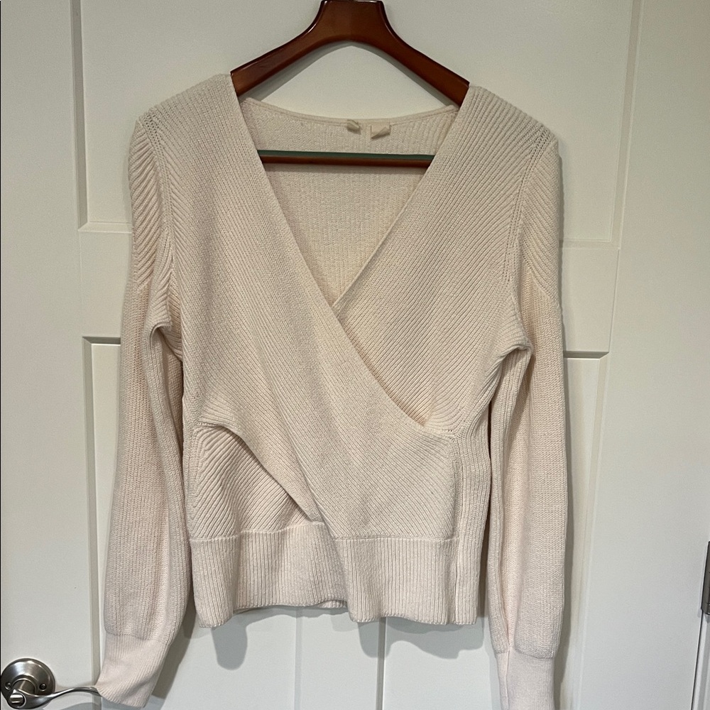 Anthropologie Women's Cream Ribbed Wrap Sweater by Moth Sz L